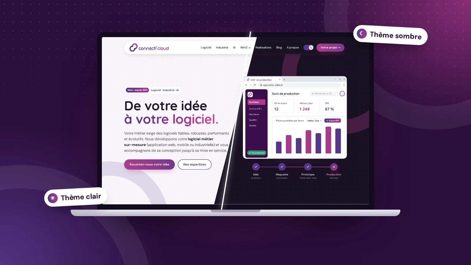 La page d’accueil du nouveau site, moitié en thème clair, moitié en thème sombre